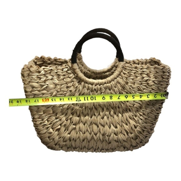Wicker style straw basketweave black knit woven handle oversized‎ beach tote bag - Picture 10 of 15